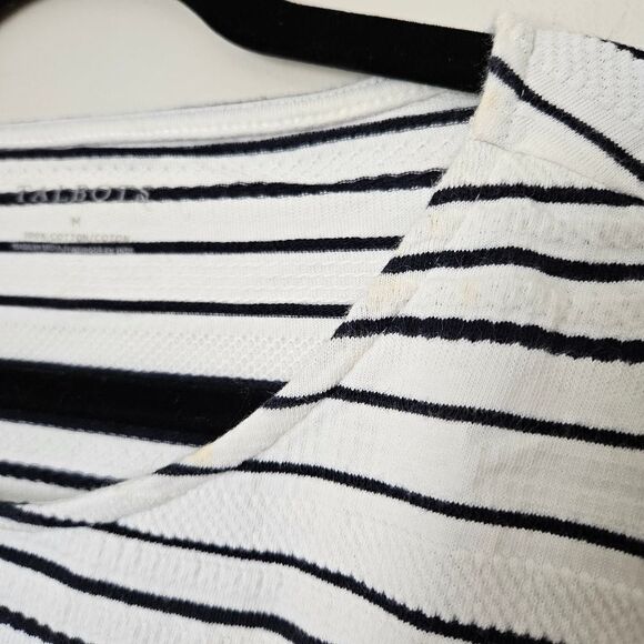 Talbots Top Crewneck Blouse Tie Front 3/4 Sleeve Striped White Black Texture - Picture 8 of 9